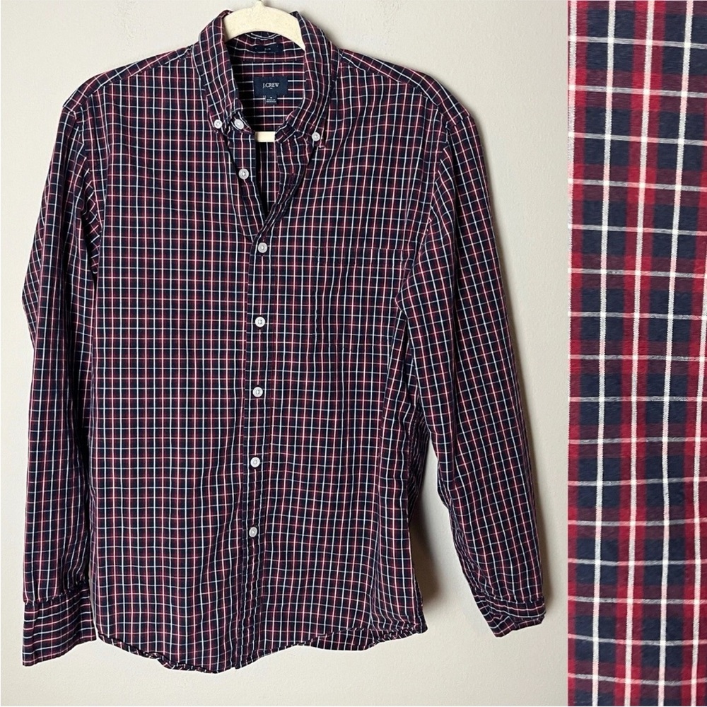 J. Crew Men's Shirt Size Medium Slim Long Sleeves Plaid Cotton Blue White Red